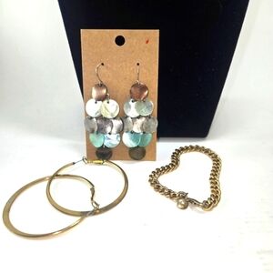 J Crew Goldtone Bracelet with 2" Hoop Earrings and Fabulous Abalone Dangles